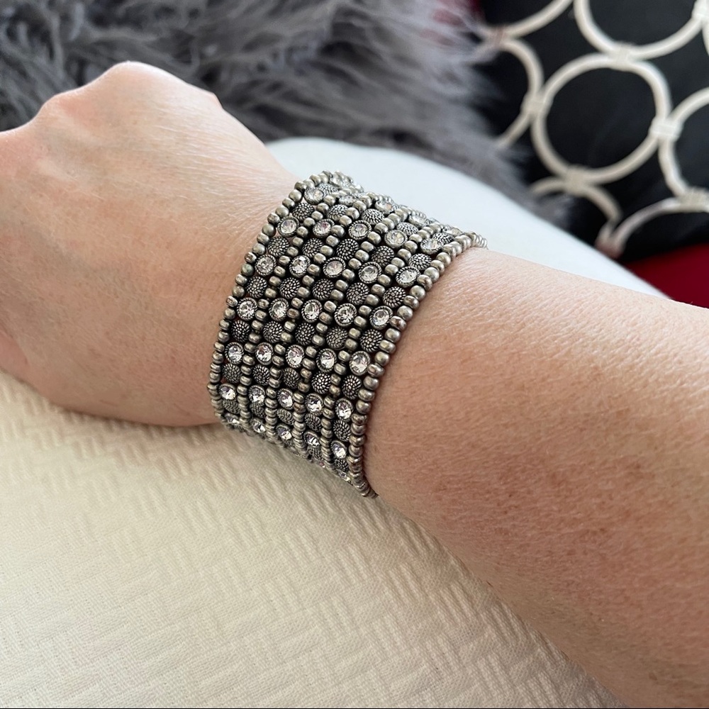 Silver Tone Crystal Wide Beaded Stretch Bracelet‎ Boho